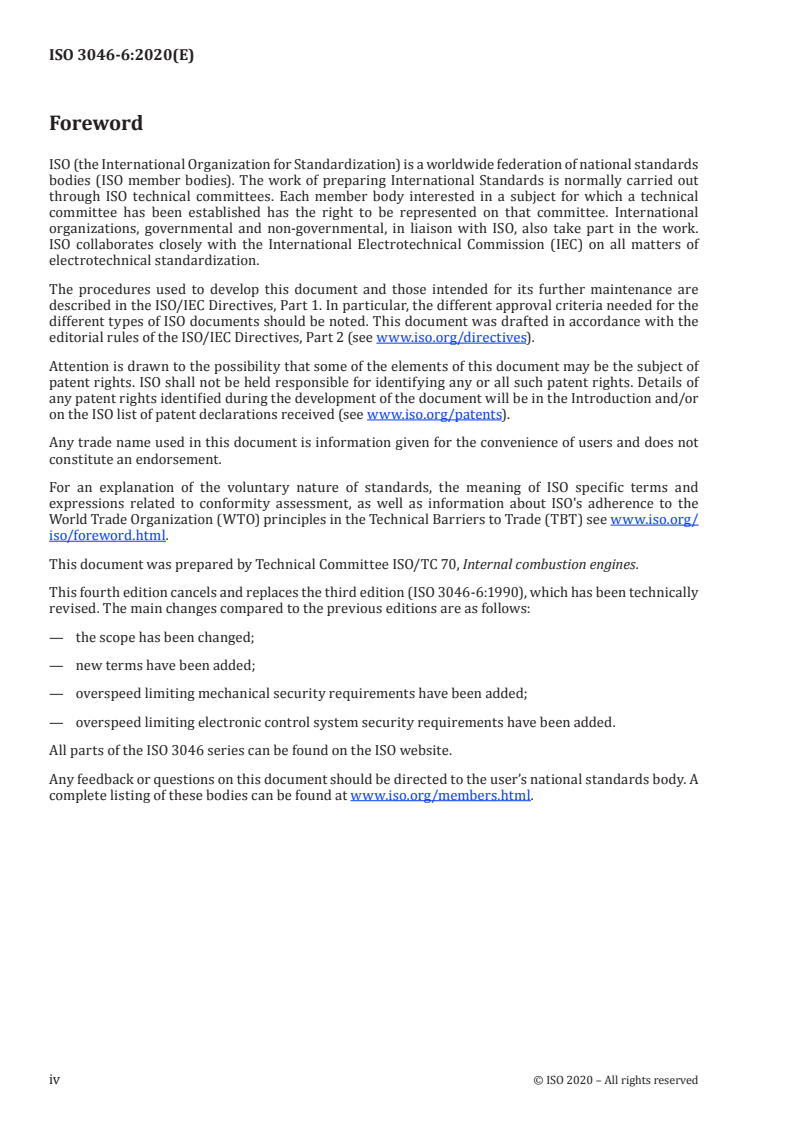 ISO 3046-6:2020 ISO 3046-6:2020 - Reciprocating internal combustion engines — Performance — Part 6: Overspeed protection/26/2020 - Page 4 preview