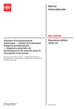 ISO 30500:2025 ISO 30500:2025 - Systèmes d’assainissement autonomes — Unités de traitement intégrées préfabriquées — Exigences générales de performance et de sécurité pour la conception et les essais
Released:25. 07. 2025 - Page 1 preview