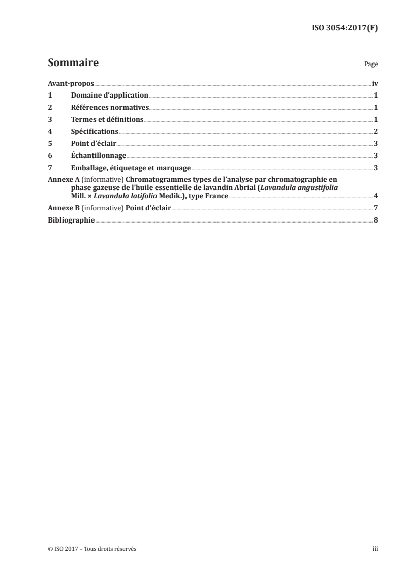 ISO 3054:2017 ISO 3054:2017 - Huile essentielle de lavandin Abrial (Lavandula angustifolia Mill. × Lavandula latifolia Medik.), type France/2/2017 - Page 3 preview