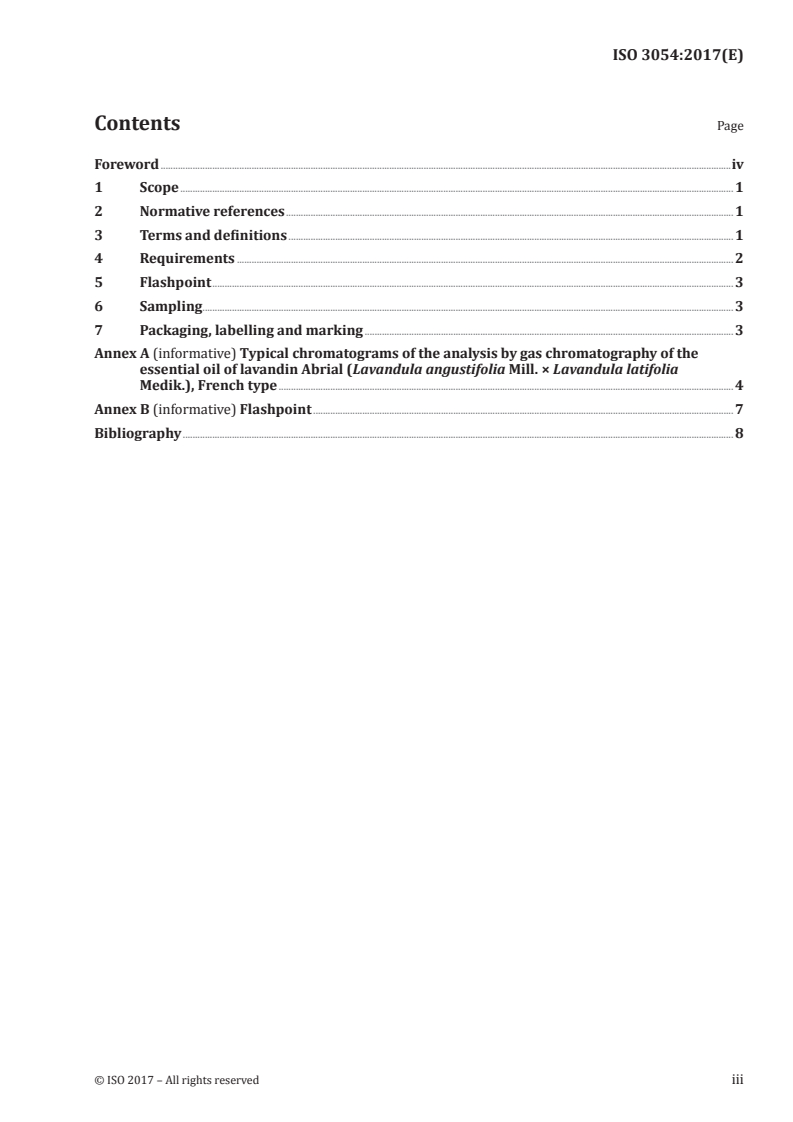 ISO 3054:2017 ISO 3054:2017 - Essential oil of lavandin Abrial (Lavandula angustifolia Mill. × Lavandula latifolia Medik.), French type/2/2017 - Page 3 preview