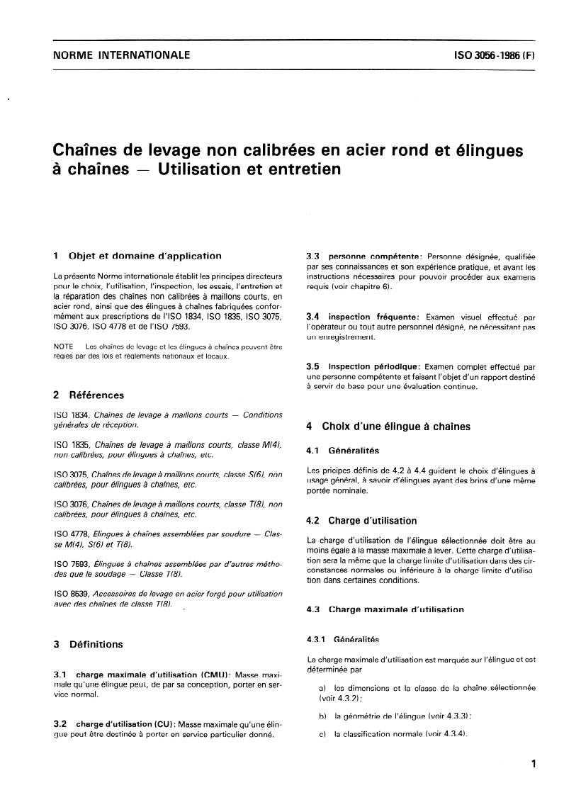 ISO 3056:1986 ISO 3056:1986 - Chaînes de levage non calibrées en acier rond et élingues à chaînes — Utilisation et entretien/11/1986 - Page 3 preview