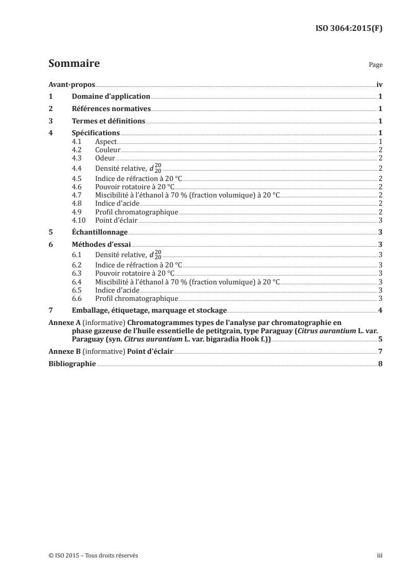 ISO 3064:2015 ISO 3064:2015 - Huile essentielle de petitgrain, type Paraguay (Citrus aurantium L. var. Paraguay (syn. Citrus aurantium var. bigaradia Hook f.))/8/2015 - Page 3 preview