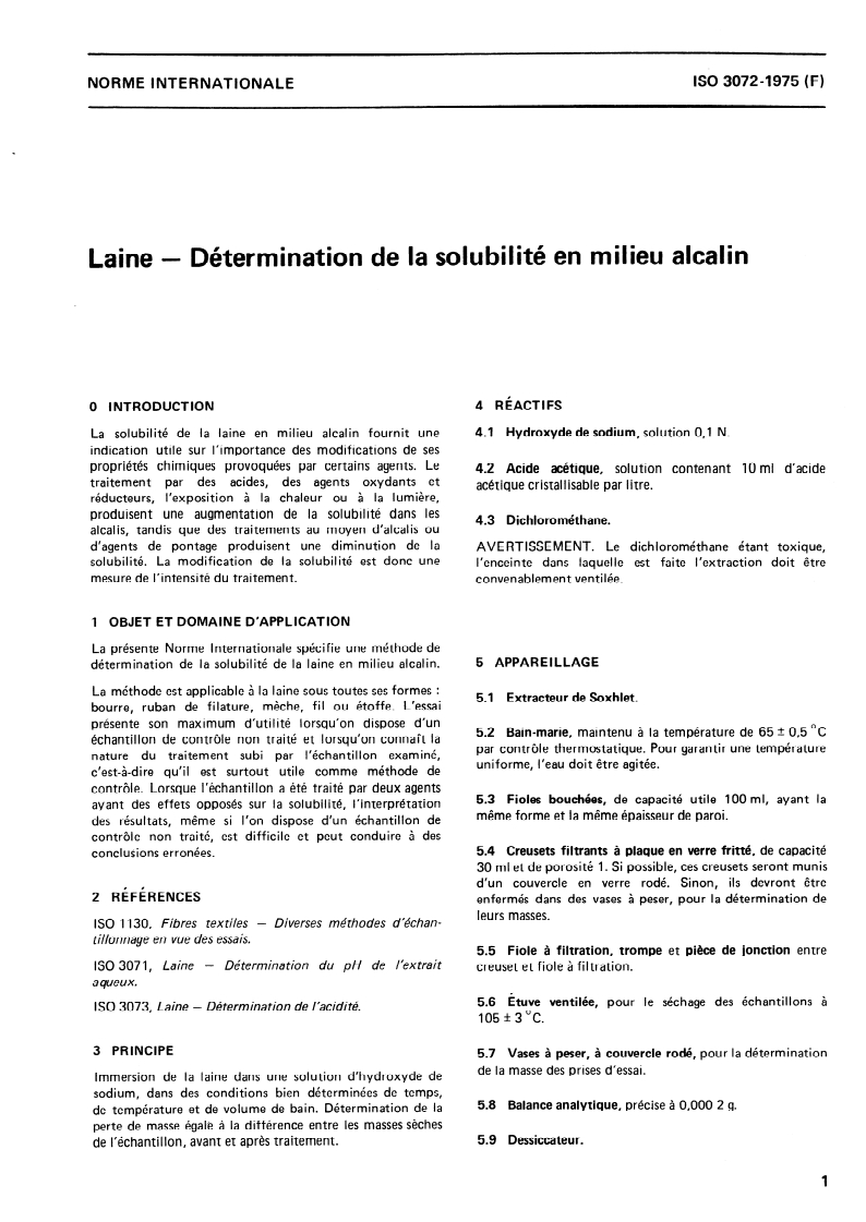 ISO 3072:1975 ISO 3072:1975 - Laine — Détermination de la solubilité en milieu alcalin/1/1975 - Page 3 preview