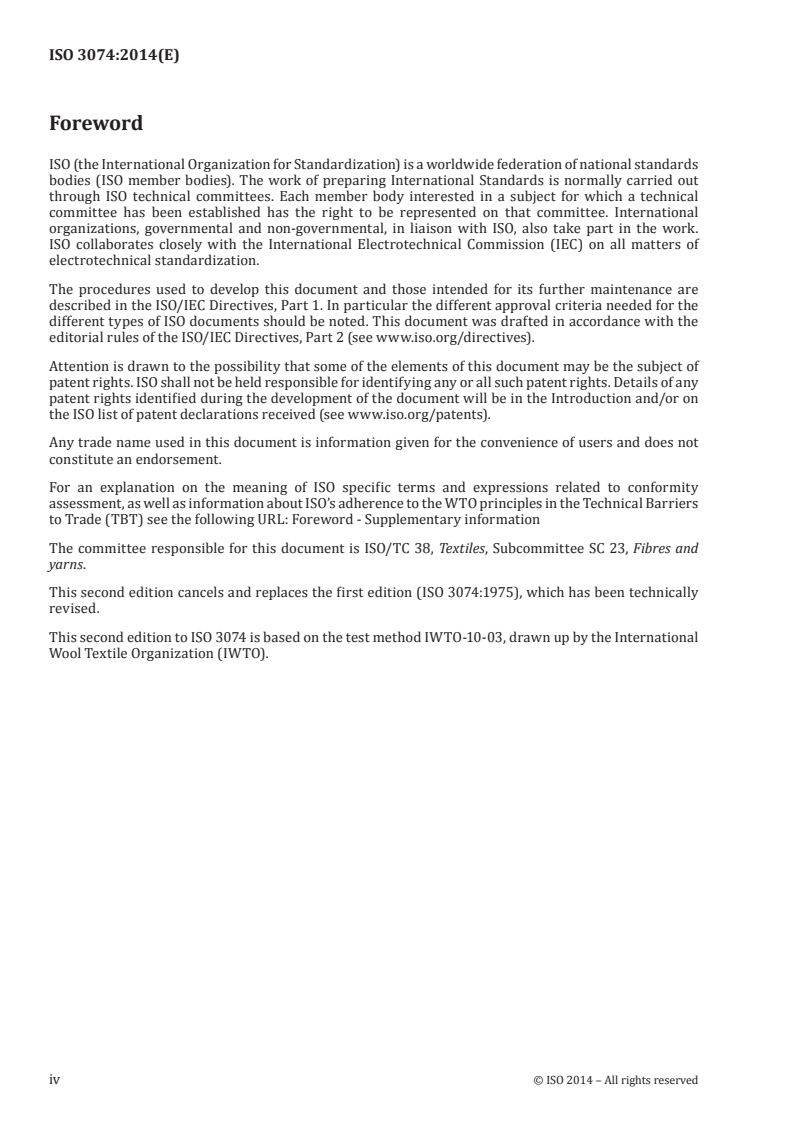 ISO 3074:2014 ISO 3074:2014 - Wool — Determination of dichloromethane-soluble matter in combed sliver/24/2014 - Page 4 preview
