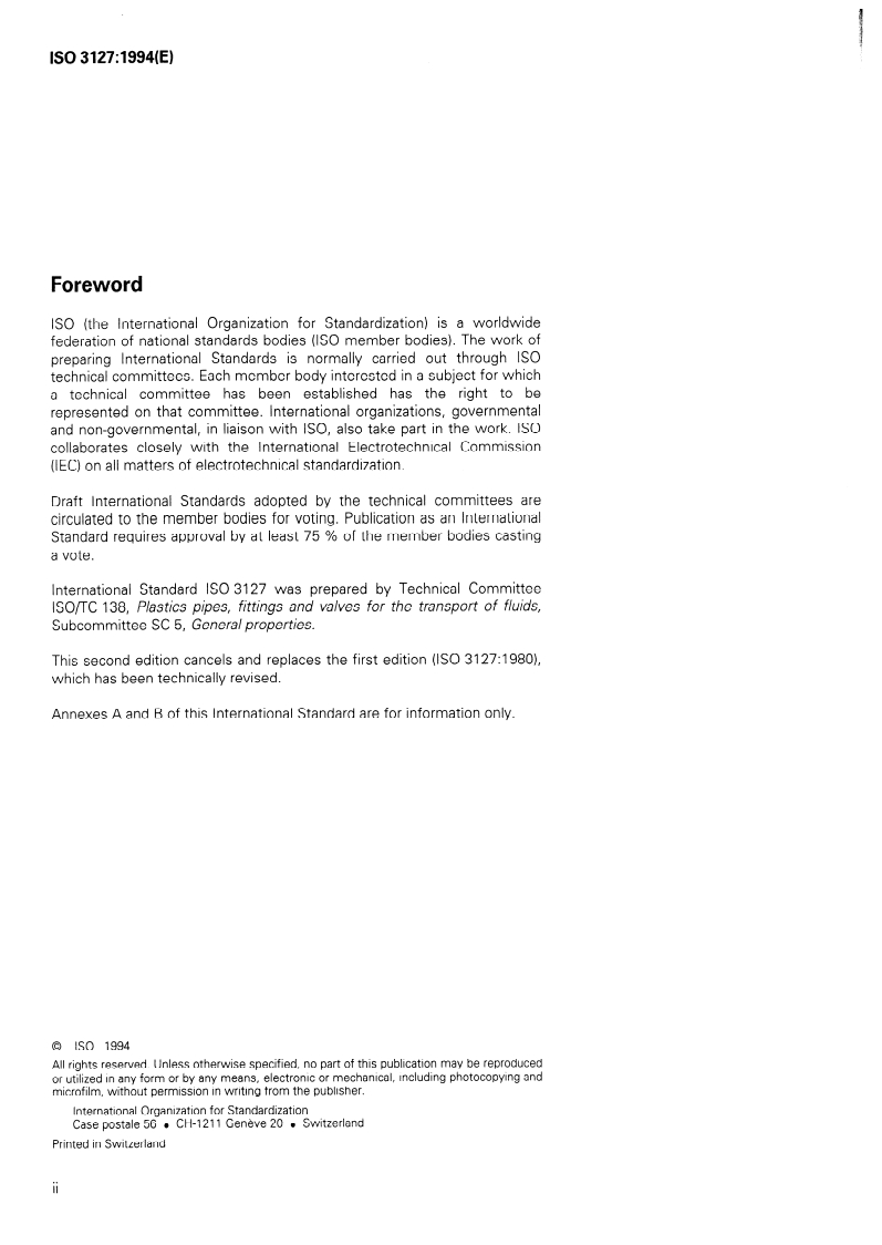 ISO 3127:1994 ISO 3127:1994 - Thermoplastics pipes — Determination of resistance to external blows — Round-the-clock method/1/1994 - Page 2 preview
