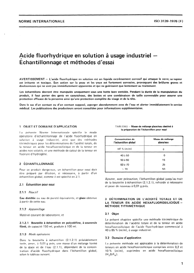 ISO 3139:1976 ISO 3139:1976 - Acide fluorhydrique en solution à usage industriel — Échantillonnage et méthodes d'essai/1/1976 - Page 3 preview
