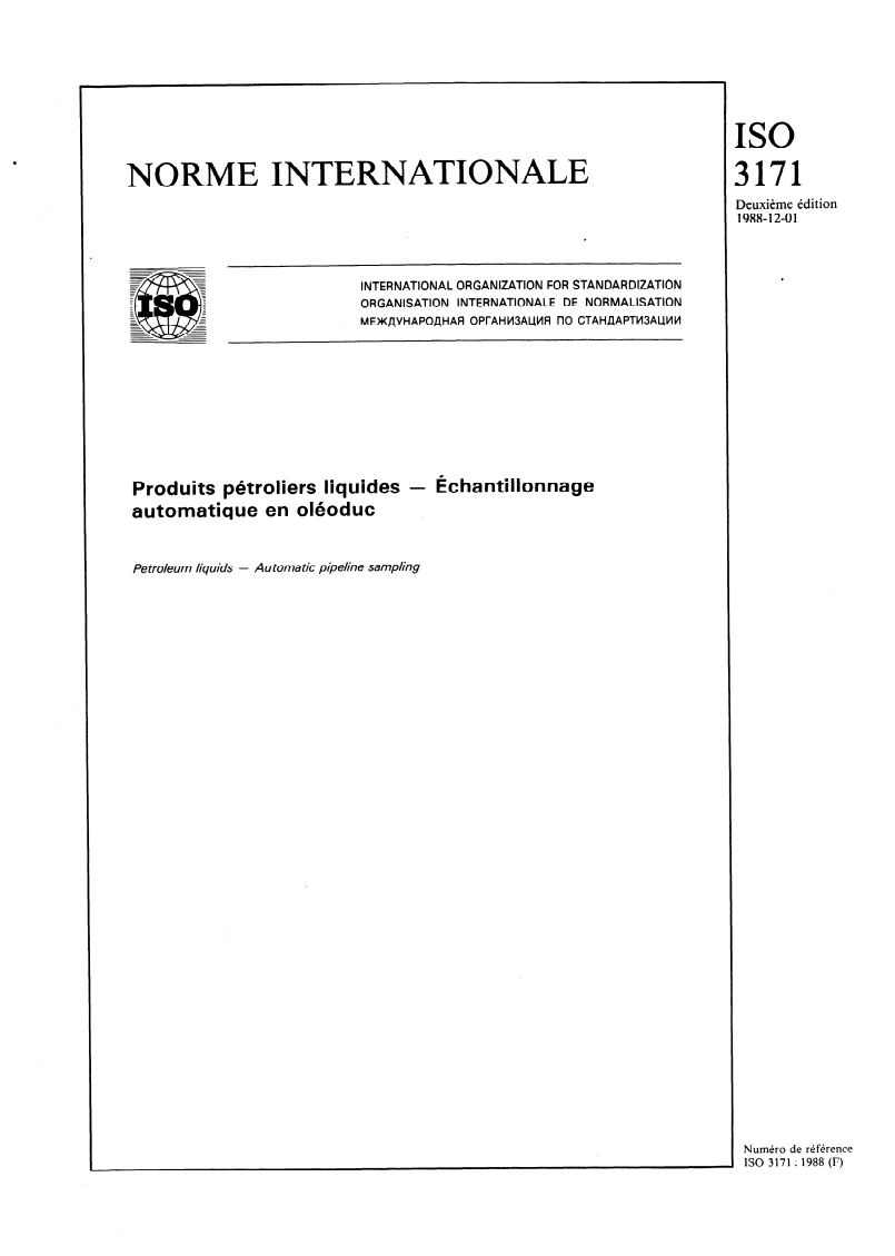 SIST ISO 3171:1996 ISO 3171:1988 - Produits pétroliers liquides — Échantillonnage automatique en oléoduc/29/1988 - Page 1 preview