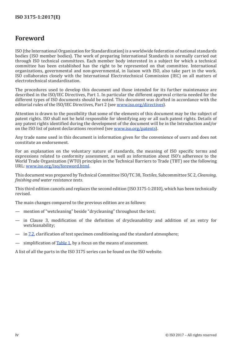 ISO 3175-1:2017 ISO 3175-1:2017 - Textiles — Professional care, drycleaning and wetcleaning of fabrics and garments — Part 1: Assessment of performance after cleaning and finishing/8/2017 - Page 4 preview