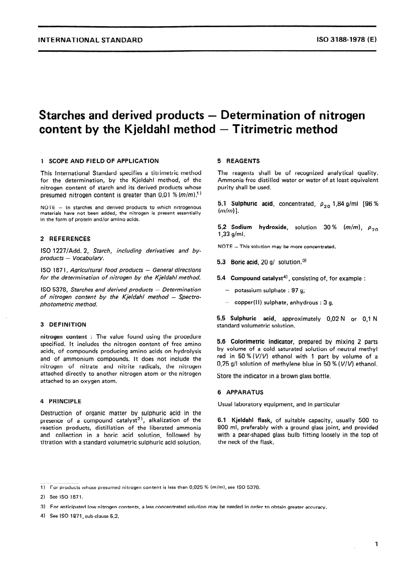 ISO 3188:1978 ISO 3188:1978 - Starches and derived products — Determination of nitrogen content by the Kjeldahl method — Titrimetric method/1/1978 - Page 3 preview