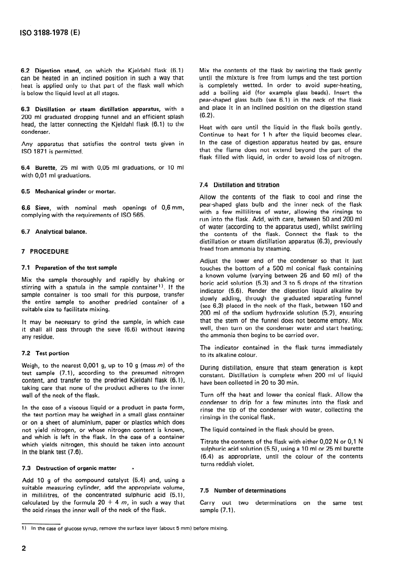 ISO 3188:1978 ISO 3188:1978 - Starches and derived products — Determination of nitrogen content by the Kjeldahl method — Titrimetric method/1/1978 - Page 4 preview