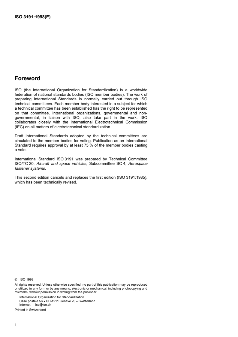 ISO 3191:1998 ISO 3191:1998 - Aerospace — Nuts, anchor, self-locking, fixed, single lug, reduced series, with counterbore, with MJ threads, classifications: 1 100 MPa (at ambient temperature)/235 degrees C, 1 100 MPa (at ambient temperature)/315 degrees C and 1 100 MPa (at ambient temperature)/425 degrees C — Dimensions/3/1998 - Page 2 preview