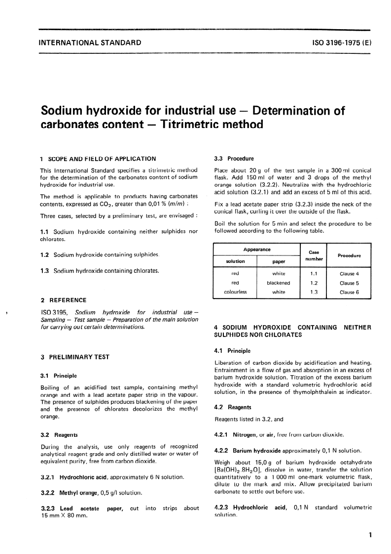ISO 3196:1975 ISO 3196:1975 - Sodium hydroxide for industrial use — Determination of carbonates content — Titrimetric method/1/1975 - Page 3 preview