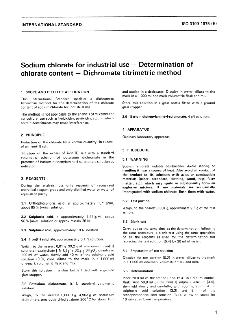 ISO 3199:1975 ISO 3199:1975 - Sodium chlorate for industrial use — Determination of chlorate content — Dichromate titrimetric method/1/1975 - Page 3 preview