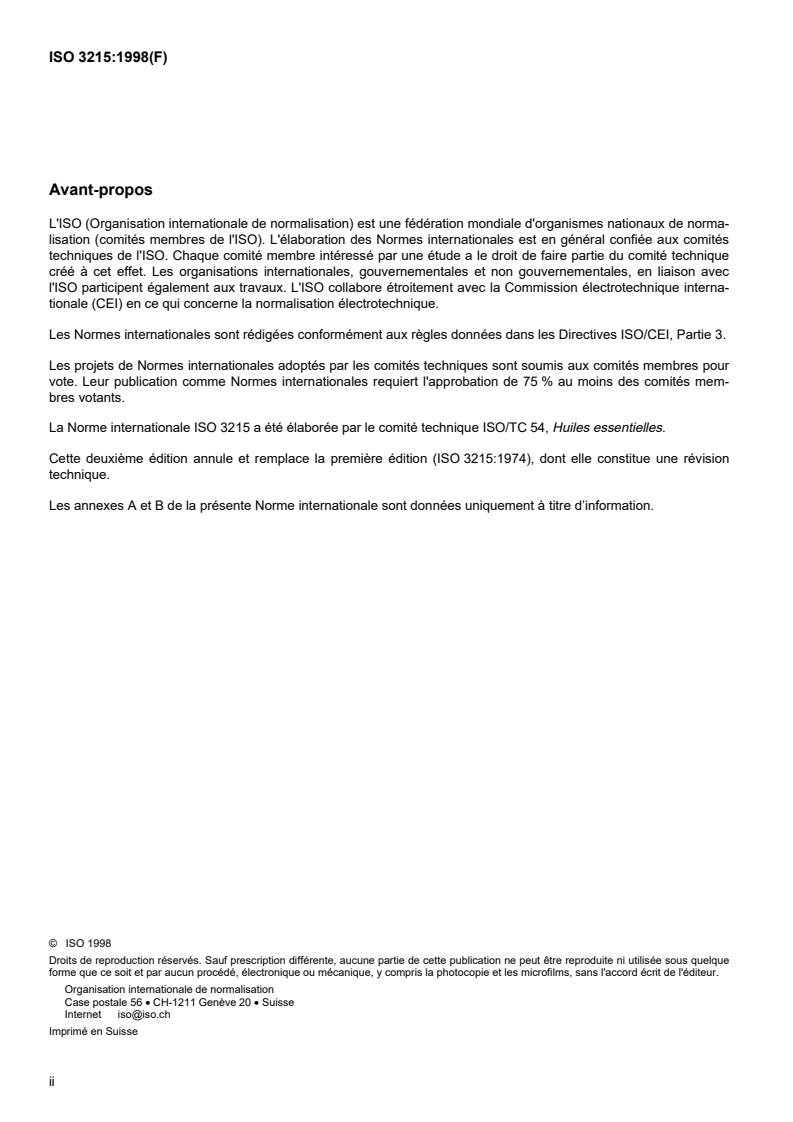 ISO 3215:1998 ISO 3215:1998 - Huile essentielle de noix muscade, type Indonésie (Myristica fragrans Houtt.)/17/1998 - Page 2 preview