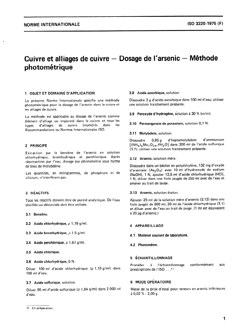 ISO 3220:1975 ISO 3220:1975 - Cuivre et alliages de cuivre — Dosage de l'arsenic — Méthode photométrique/1/1975 - Page 3 preview