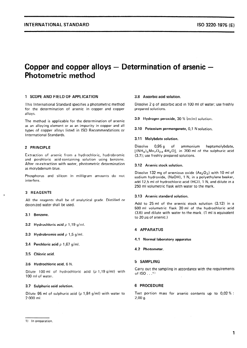 ISO 3220:1975 ISO 3220:1975 - Copper and copper alloys — Determination of arsenic — Photometric method/1/1975 - Page 3 preview