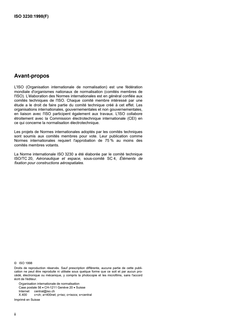 ISO 3230:1998 ISO 3230:1998 - Aéronautique et espace — Rivets ordinaires, à tête fraisée 100 degrés normale avec dôme, en matériau métallique, avec ou sans traitement de surface — Dimensions/12/1998 - Page 2 preview