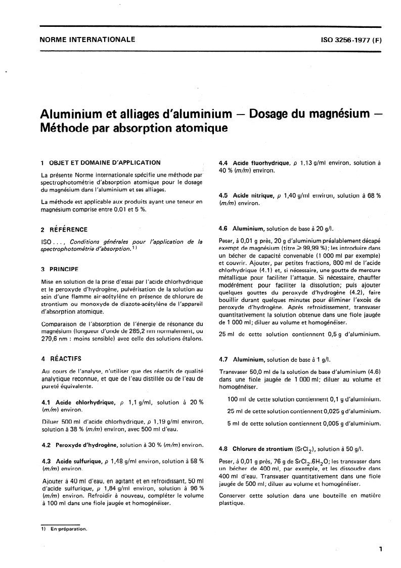 ISO 3256:1977 ISO 3256:1977 - Aluminium et alliages d'aluminium — Dosage du magnésium — Méthode par absorption atomique/1/1977 - Page 3 preview
