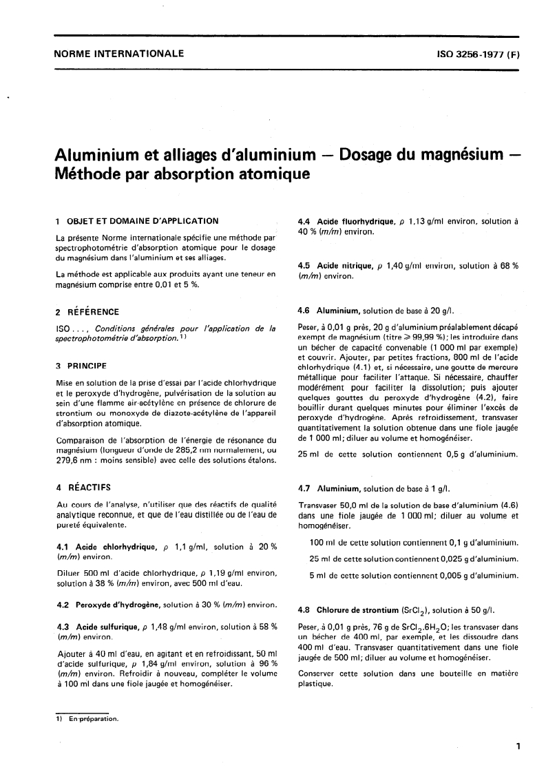 ISO 3256:1977 ISO 3256:1977 - Aluminium et alliages d'aluminium — Dosage du magnésium — Méthode par absorption atomique/1/1977 - Page 3 preview