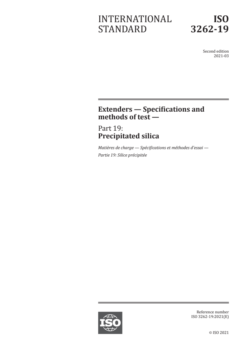 ISO 3262-19:2021 ISO 3262-19:2021 - Extenders — Specifications and methods of test — Part 19: Precipitated silica/15/2021 - Page 1 preview
