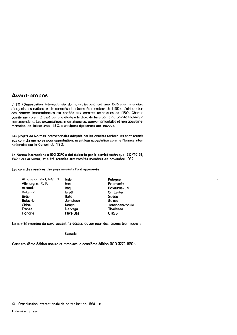 ISO 3270:1984 ISO 3270:1984 - Peintures et vernis et leurs matières premières — Températures et humidités pour le conditionnement et l'essai/1/1984 - Page 2 preview
