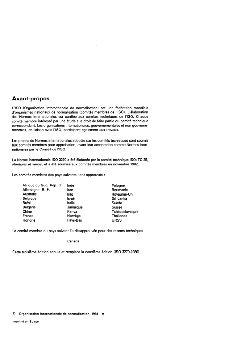 ISO 3270:1984 ISO 3270:1984 - Peintures et vernis et leurs matières premières — Températures et humidités pour le conditionnement et l'essai/1/1984 - Page 2 preview