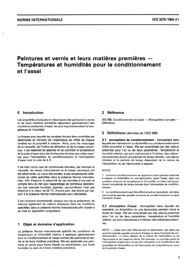 ISO 3270:1984 ISO 3270:1984 - Peintures et vernis et leurs matières premières — Températures et humidités pour le conditionnement et l'essai/1/1984 - Page 3 preview