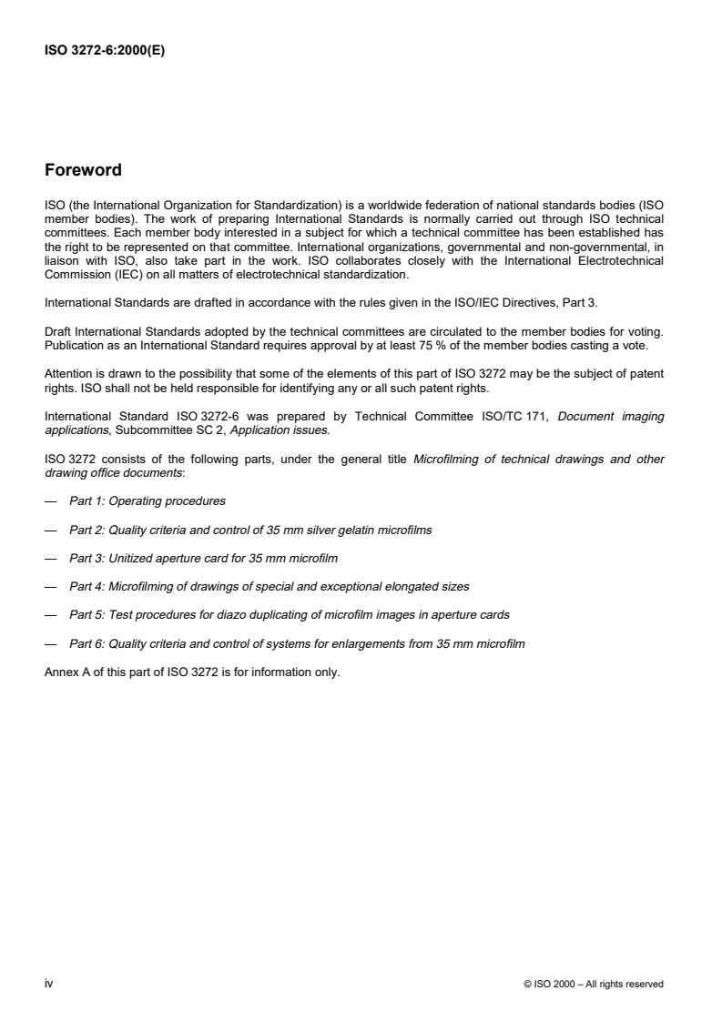 ISO 3272-6:2000 ISO 3272-6:2000 - Microfilming of technical drawings and other drawing office documents — Part 6: Quality criteria and control of systems for enlargements from 35 mm microfilm/9/2000 - Page 4 preview