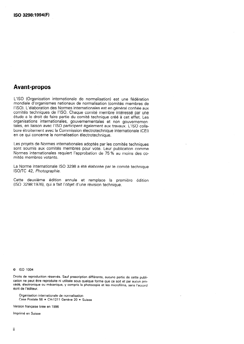 ISO 3298:1994 ISO 3298:1994 - Photographie — Produits chimiques de traitement — Spécifications relatives à l'acide acétique cristallisable/25/1996 - Page 2 preview