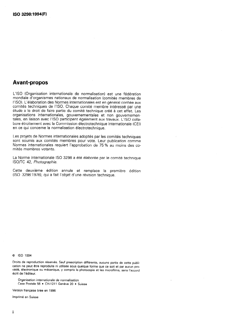 ISO 3298:1994 ISO 3298:1994 - Photographie — Produits chimiques de traitement — Spécifications relatives à l'acide acétique cristallisable/25/1996 - Page 2 preview