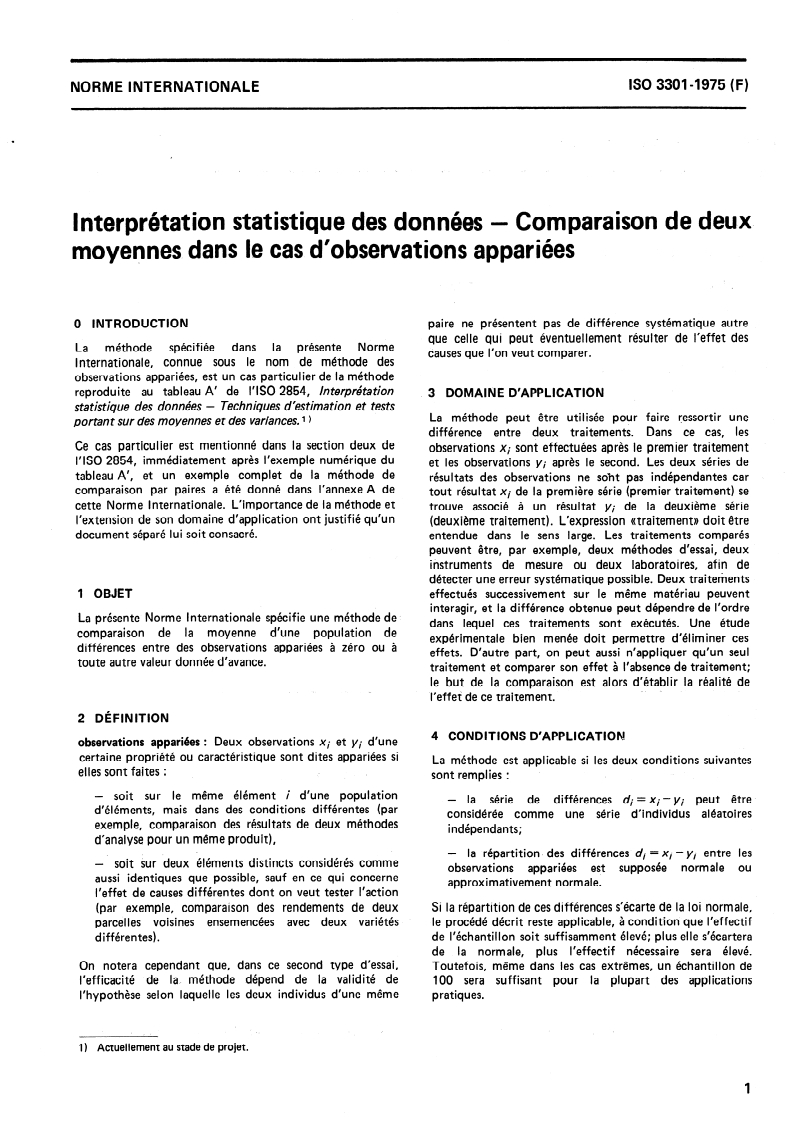 ISO 3301:1975 ISO 3301:1975 - Interprétation statistique des données — Comparaison de deux moyennes dans le cas d'observations appariées/1/1975 - Page 3 preview