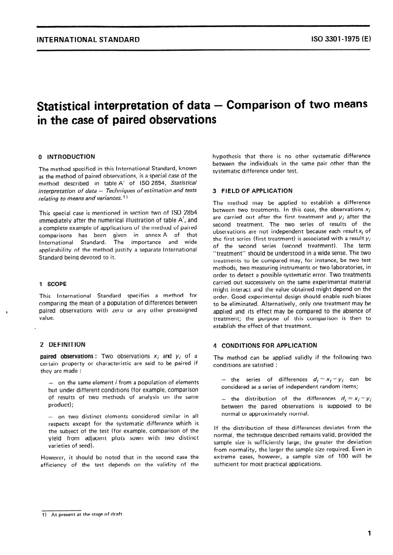ISO 3301:1975 ISO 3301:1975 - Statistical interpretation of data — Comparison of two means in the case of paired observations/1/1975 - Page 3 preview