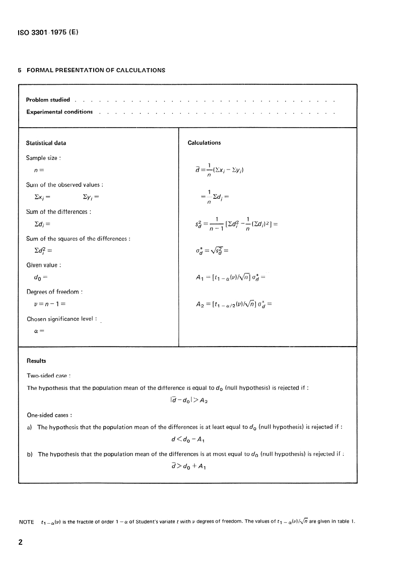 ISO 3301:1975 ISO 3301:1975 - Statistical interpretation of data — Comparison of two means in the case of paired observations/1/1975 - Page 4 preview