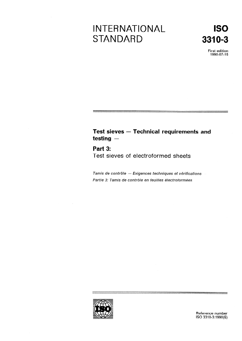 ISO 3310-3:1990 ISO 3310-3:1990 - Test sieves — Technical requirements and testing — Part 3: Test sieves of electroformed sheets/28/1990 - Page 1 preview