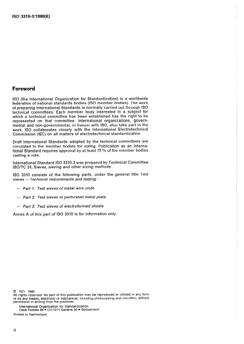 ISO 3310-3:1990 ISO 3310-3:1990 - Test sieves — Technical requirements and testing — Part 3: Test sieves of electroformed sheets/28/1990 - Page 2 preview