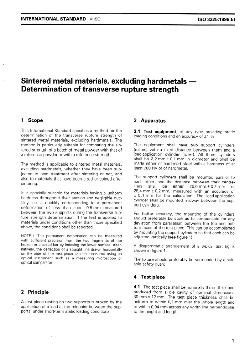 ISO 3325:1996 ISO 3325:1996 - Sintered metal materials, excluding hardmetals — Determination of transverse rupture strength/31/1996 - Page 3 preview