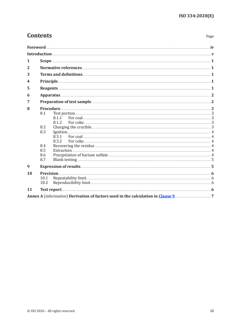 SIST ISO 334:2021 ISO 334:2020 - Coal and coke — Determination of total sulfur — Eschka method/5/2020 - Page 3 preview