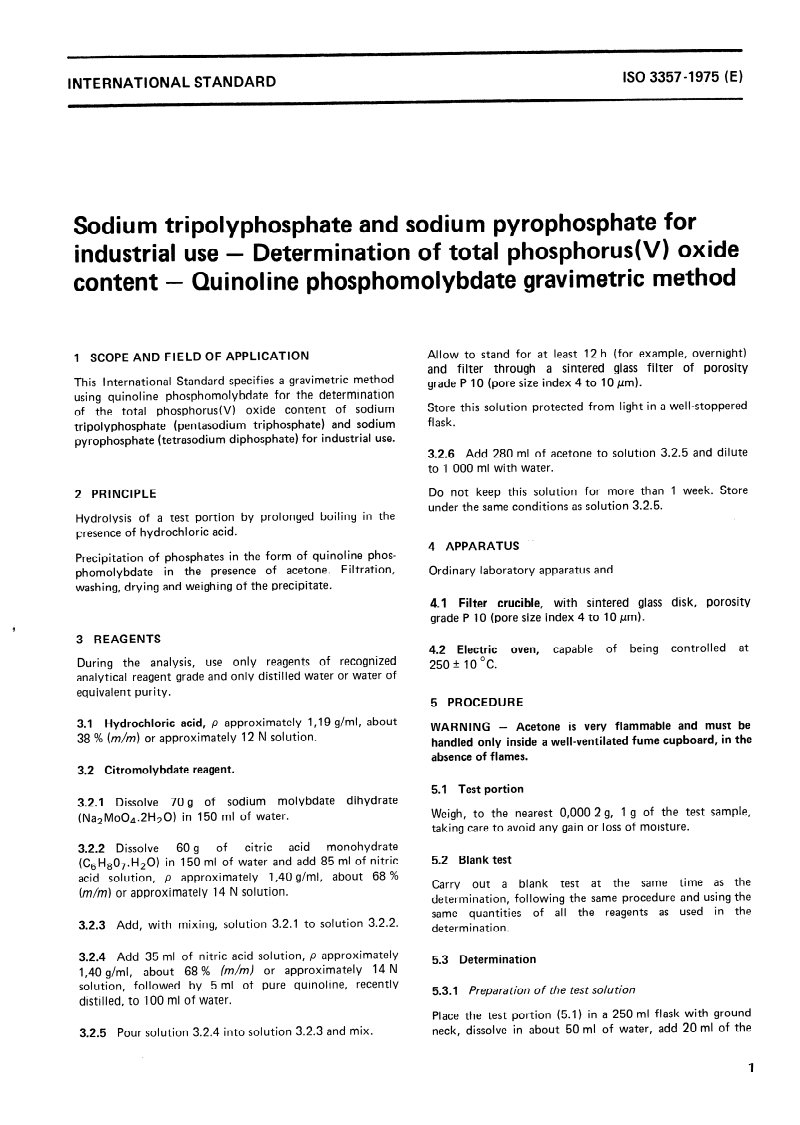 ISO 3357:1975 ISO 3357:1975 - Sodium tripolyphosphate and sodium pyrophosphate for industrial use — Determination of total phosphorus(V) oxide content — Quinoline phosphomolybdate gravimetric method/1/1975 - Page 3 preview
