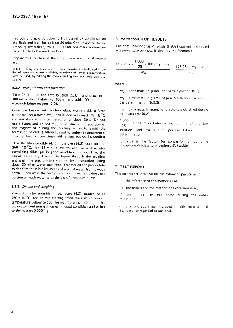ISO 3357:1975 ISO 3357:1975 - Sodium tripolyphosphate and sodium pyrophosphate for industrial use — Determination of total phosphorus(V) oxide content — Quinoline phosphomolybdate gravimetric method/1/1975 - Page 4 preview