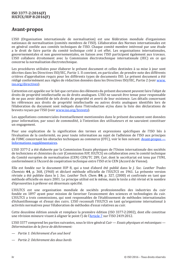 ISO 3377-2:2016 ISO 3377-2:2016 - Cuir — Essais physiques et mécaniques — Détermination de la force de déchirement — Partie 2: Déchirement des deux bords/15/2016 - Page 4 preview