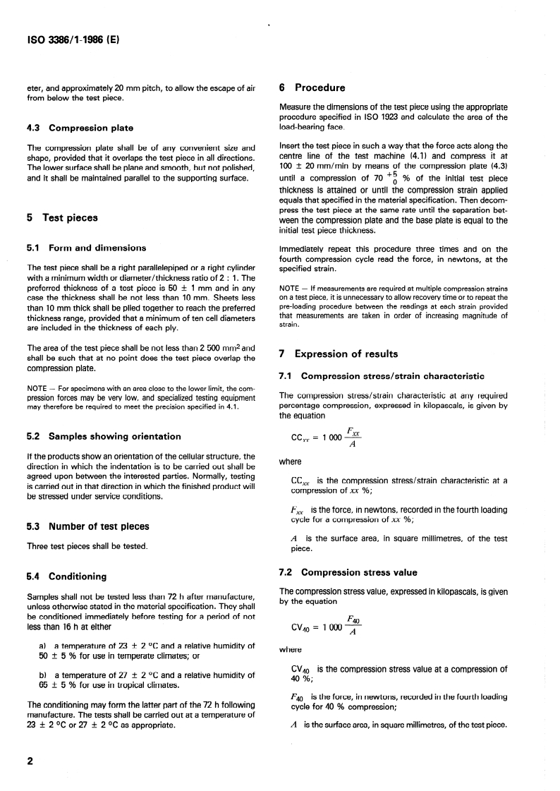 ISO 3386-1:1986 ISO 3386-1:1986 - Polymeric materials, cellular flexible — Determination of stress-strain characteristics in compression — Part 1: Low-density materials/5/1986 - Page 4 preview
