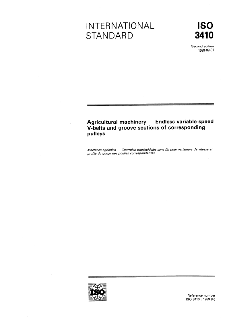 SIST ISO 3410:1997 ISO 3410:1989 - Agricultural machinery — Endless variable-speed V-belts and groove sections of corresponding pulleys/20/1989 - Page 1 preview