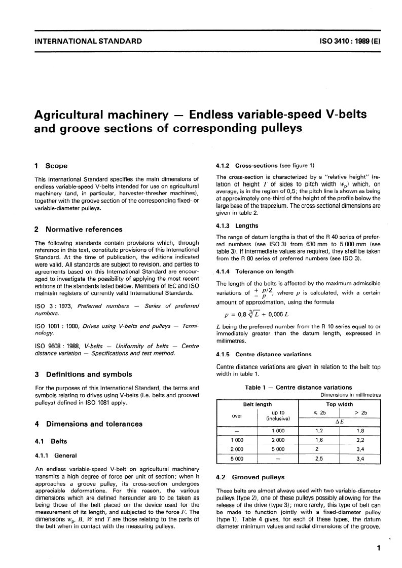 SIST ISO 3410:1997 ISO 3410:1989 - Agricultural machinery — Endless variable-speed V-belts and groove sections of corresponding pulleys/20/1989 - Page 3 preview