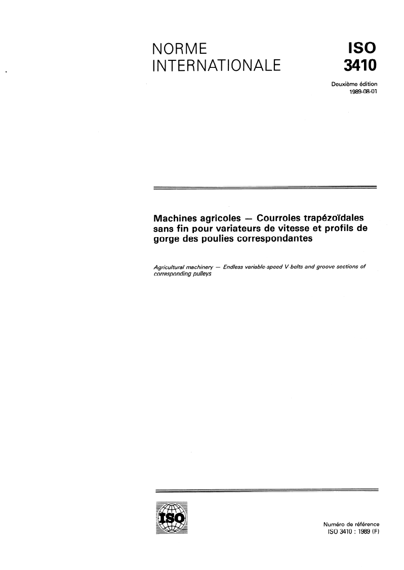 SIST ISO 3410:1997 ISO 3410:1989 - Machines agricoles — Courroies trapézoïdales sans fin pour variateurs de vitesse et profils de gorge des poulies correspondantes/20/1989 - Page 1 preview