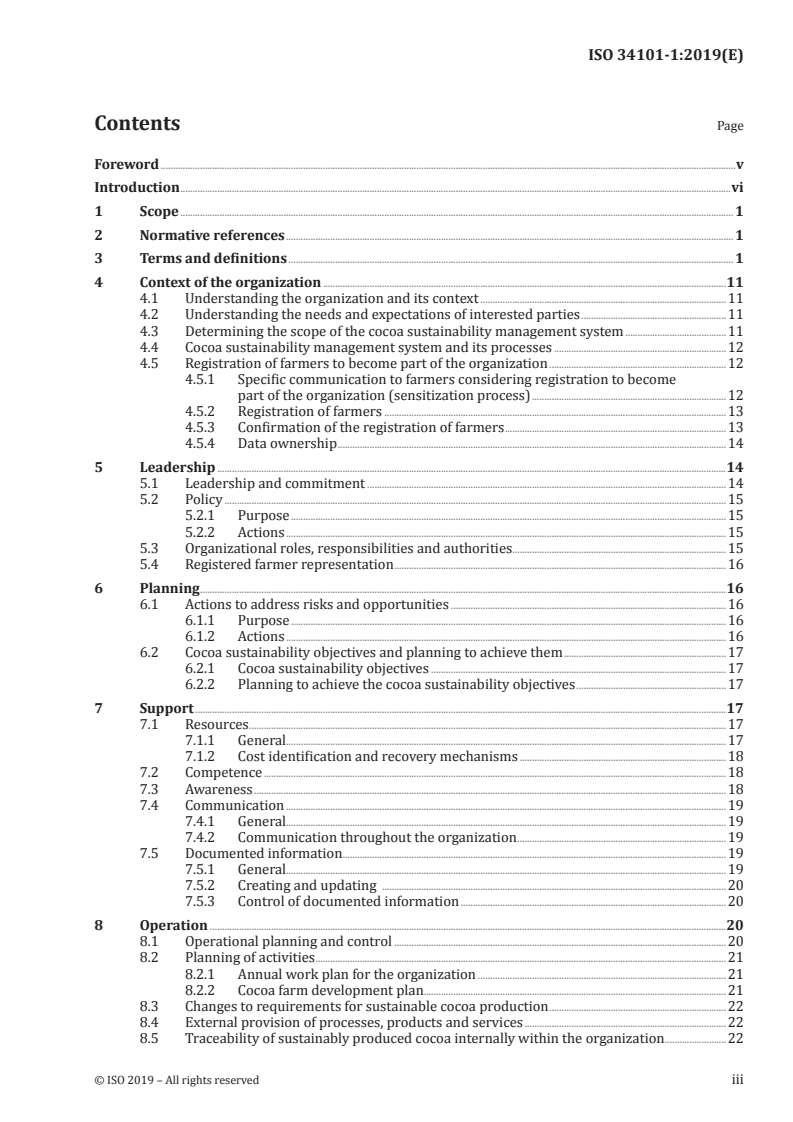 ISO 34101-1:2019 ISO 34101-1:2019 - Sustainable and traceable cocoa — Part 1: Requirements for cocoa sustainability management systems/6/2019 - Page 3 preview