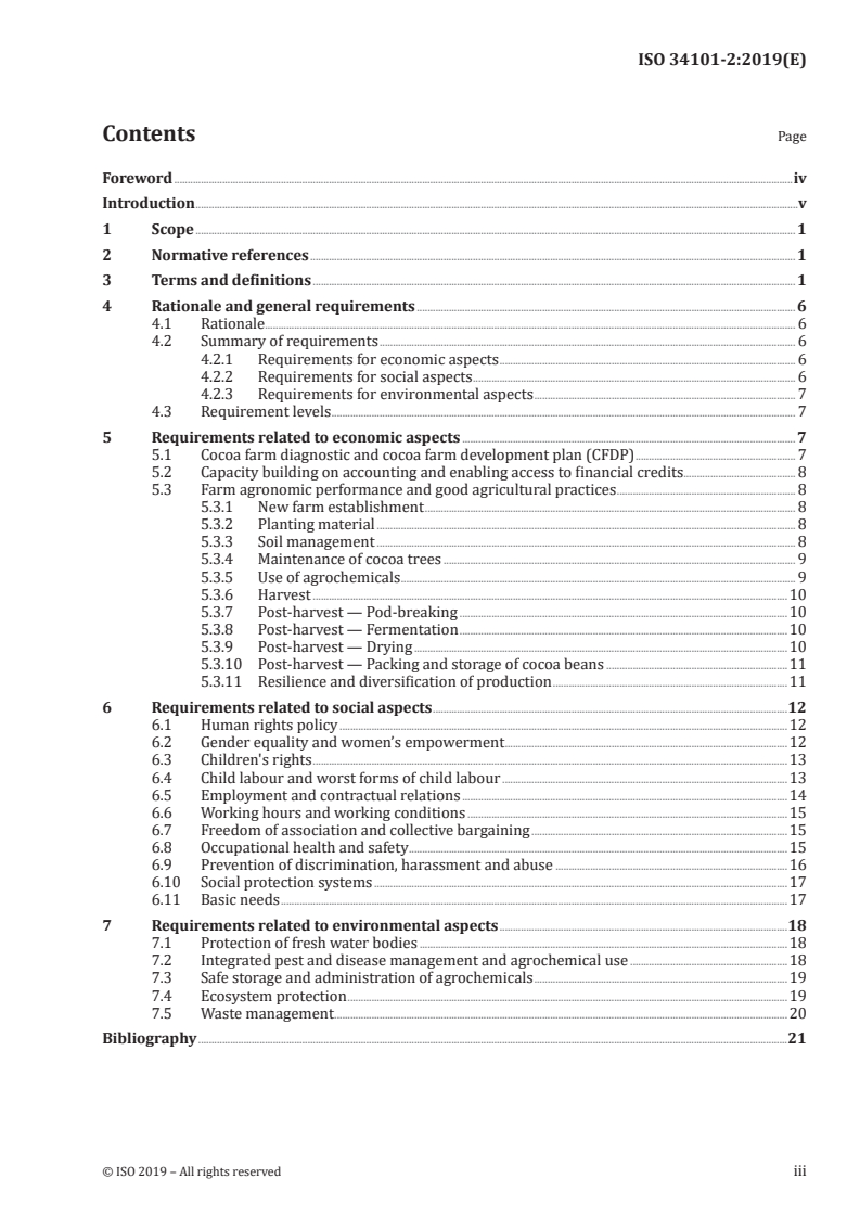 ISO 34101-2:2019 ISO 34101-2:2019 - Sustainable and traceable cocoa — Part 2: Requirements for performance (related to economic, social and environmental aspects)/6/2019 - Page 3 preview