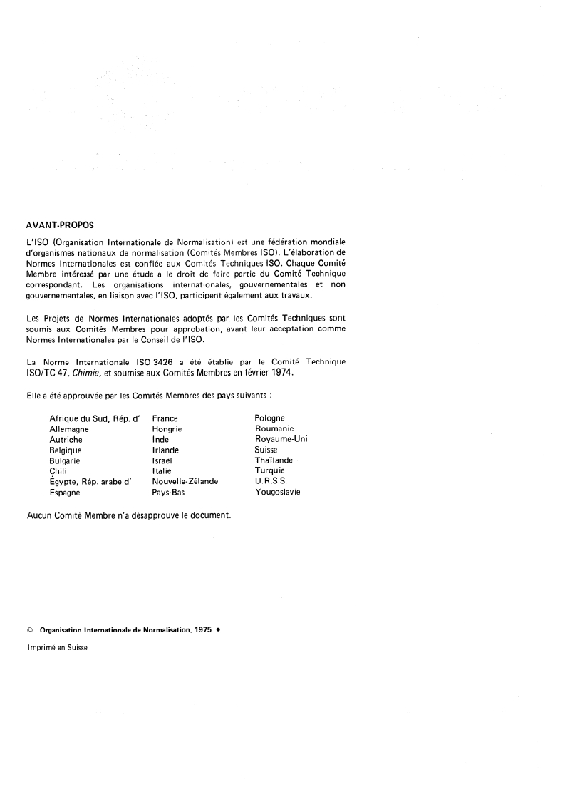 ISO 3426:1975 ISO 3426:1975 - Soufre à usage industriel — Détermination de la perte de masse à 80 degrés C/1/1975 - Page 2 preview