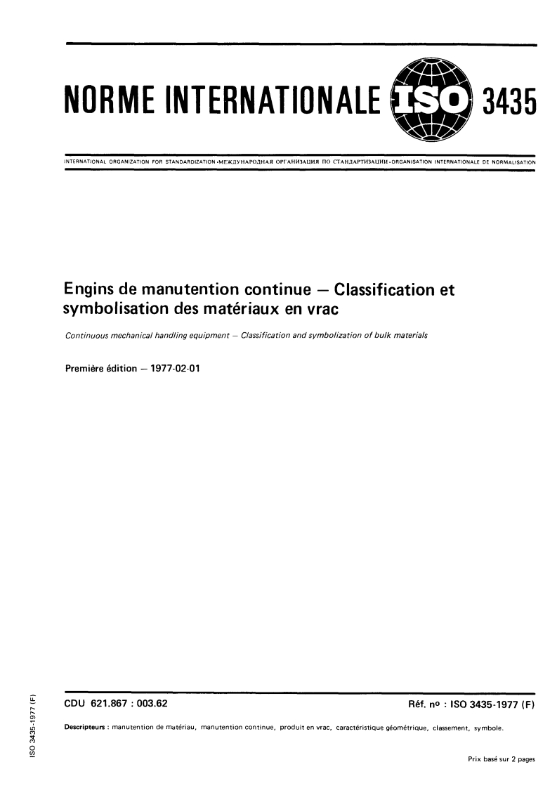 SIST ISO 3435:1996 ISO 3435:1977 - Engins de manutention continue — Classification et symbolisation des matériaux en vrac/1/1977 - Page 1 preview