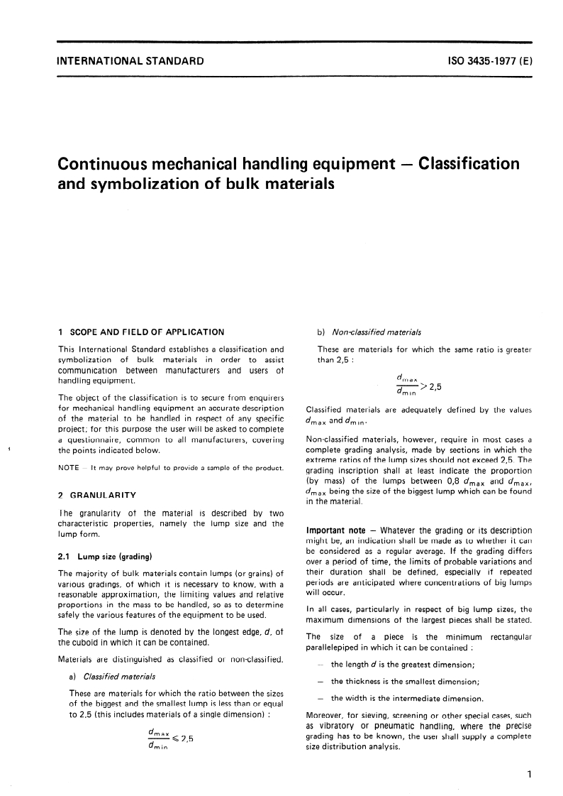 SIST ISO 3435:1996 ISO 3435:1977 - Continuous mechanical handling equipment — Classification and symbolization of bulk materials/1/1977 - Page 3 preview