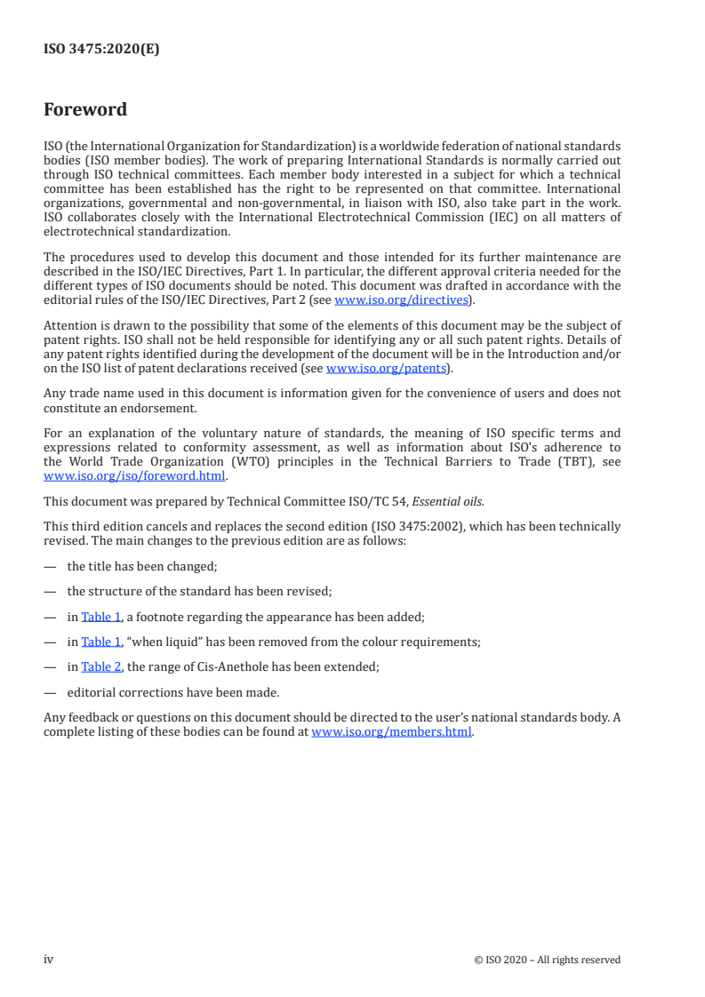 ISO 3475:2020 ISO 3475:2020 - Essential oil of aniseed (Pimpinella anisum L.)/12/2020 - Page 4 preview